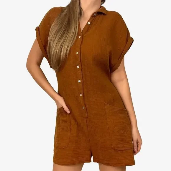 L*SPACE Mika Romper Size S Brown Gauze Cotton Button Front Pockets Revolve - Picture 1 of 4